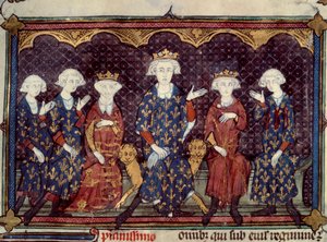 Die verfluchten Könige: Philipp IV. der Schöne (1268 - 1314) umgibt seine Tochter Isabella (Königin von England) und seine drei Söhne Ludwig (König Ludwig X.), Karl (König Karl IV.), Philipp (König Philipp V.) und seinen Bruder Karl von Valois - Miniatur a