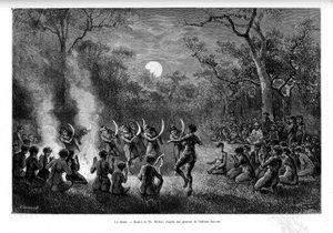 Der Tanz des Bumerangs um das Feuer bei den Aborigines von Australien - in "Tour du Monde" von French School