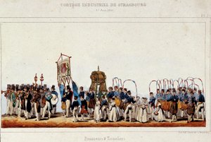 Der Tanz der Brauer und Küfer während des industriellen Umzugs in Straßburg am 25.06.1840. Lithographie von Simon von French School