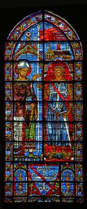 Der Stifter Jean Clement erhält das Banner von St. Denis; seine Wappen unten
