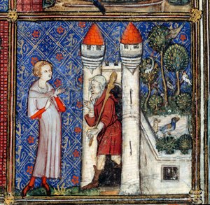 Der Traum, Detail: Der Liebhaber vor dem Haus der Liebesfreude. Miniatur im „Roman de la rose“ von Jean de Meun, Jean de Meung oder Jean Chopinel, Jean Clopinel (ca. 1240-1305), um 1370.