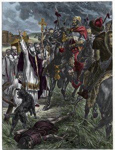 Der Bischof Saint Loup von Troyes stoppt Attila, den König der Hunnen, vor Troyes - Barbarische Invasionen - Gravur nach dem Gemälde von H. Grobert von French School