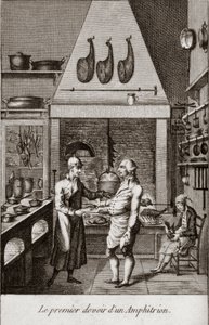 Die erste Pflicht eines Amphitryons - Gravur in "Almanach der Feinschmecker, als Leitfaden für die Art und Weise, ausgezeichnete Speisen zuzubereiten. Von einem alten Amateur" von Alexandre Balthazar Laurent Grimod de la Reyniere - 1804-1812