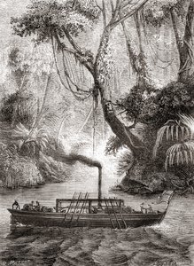 Der erste erfolgreiche Probelauf von John Fitchs Dampfschiff Perseverance auf dem Delaware River, Amerika, 22. August