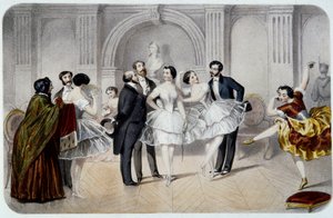 Das Foyer der Oper (Oper Garnier in Paris). Eine Tutu-Tänzerin plaudert mit Herren, die sie begrüßen oder ein paar Tanzschritte machen. Gravur