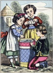 Das Spiel der Makronen. Gravur aus dem Bilderalbum „Die Spiele der Kindheit“. Epinaler Bildgebung, Ende des 19. Jahrhunderts. 32 Seiten von French School