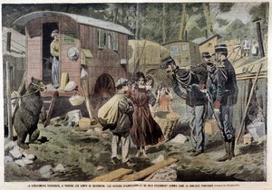 Die Gendarmerie sucht in den Zigeunerlager nach den Tätern der jüngsten Angriffe und Raubüberfälle in der Pariser Vorstadt - in „Pelerin“ vom 21.04.1907 von French School