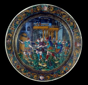 Die Gefangennahme des Heiligen Joseph. Platte in farbigem Emaille, hergestellt in Limoges im 16. Jahrhundert. Paris, Louvre Museum