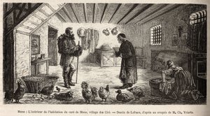 Das Innere des Hauses des Pfarrers von Mune, Dorf Les Cici, das den Erzähler im Hauptraum beherbergt, wo eine Frau auf den Knien Wäsche wäscht, neben dem Geflügel, das dort in völliger Freiheit lebt, graviert nach einer Zeichnung von Lafosse zur Illustrati von French School
