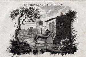 Das Zicklein und der Wolf. Fabel von Äsop. (Griechischer Schriftsteller Äsop oder Ecopus, 6. Jahrhundert v. Chr.) Geschrieben von Guillaume Montfort und graviert von Beauble im Jahr 1801. von French School