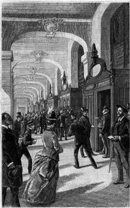 Die Briefkasten-Galerie des Hotel des Postes de la rue du Louvre in Paris. Gravur im Journal „La jeunesse“. von French School