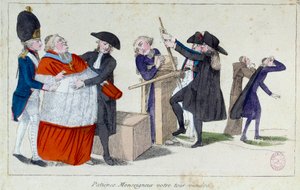 Der patriotische Entfetter: „Geduld, mein Herr, Ihre Zeit wird kommen.“ Karikatur, die die Charaktere der Kirche darstellt, die in einem Schlachthof ihre Entfettung als Symbol ihres Reichtums verlieren. Gravur des 18. Jahrhunderts. Paris, Musee Carnavalet