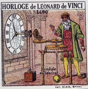 Das Pendeluhrwerk von Leonardo da Vinci (Leonardo da Vinci) (1452 - 1519) (Pendel 1490) - in „Energie“ von Henri Arnould, ed. Quillet, Paris, 20. Jahrhundert von French School