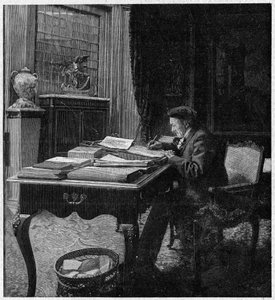 Der Dramatiker Victorien Sardou (1831-1908) in seinem Büro. Gravur in „La gazette du dimanche“ vom 2. Januar