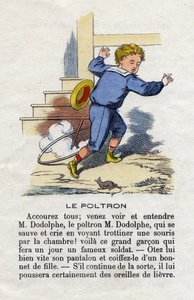 Der Feigling. Ein Kind, das mit dem Reifen spielt, erschreckt von einer Maus. Alphabet der kleinen Jungen. Abecedarium mit moralischem Wert, das Leseübungen enthält. Bild von Epinal, Ende des 19. Jahrhunderts
