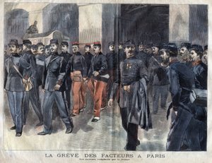 Der Poststreik: Soldaten und Stadtwachen, die in Paris Briefe verteilen. Gravur von 1899 in „La petite Gironde“