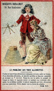 Das Problem der drei Streichhölzer: Kinderkarte, die ein Spiel in Form eines Rätsels (Ratespiel) bietet von French School