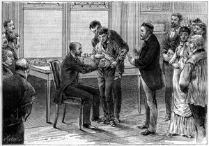 Die Tollwut-Impfoperationen im Labor von Louis Pasteur (1822-1895), Zeichnung von C.Gilbert nach der Natur. Gravur in „La Nature. Revue des sciences et de ses applications aux arts et a l