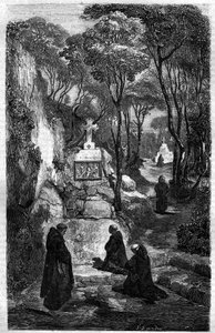 Die Mönche von Saint Benoit (Saint Benoit) im Gebet. Stich in „Histoire des Papes-Rois-Reines-et-Empereurs à travers les siècles“ von Maurice Lachatre von French School