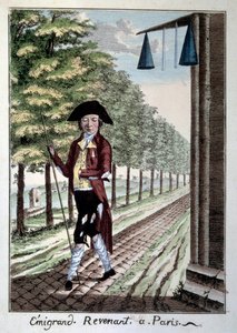 Die Rückkehr eines Emigranten am Ende der Französischen Revolution. Ein Adliger mit zerrissenen Kleidern, der während der Revolution aus der Stadt floh. Gravur des 19. Jahrhunderts. Paris, Musée Carnavalet von French School