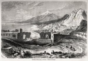 Die Ruinen des antiken Theaters von Taormina (Tauromenium), am Fuße des Berges Taurus, mit Blick auf das moderne Dorf Giardini und den Ätna, Zeichnung von Adolphe Rouargue (1810-187?) und Emile Rouargue (ca. 1795-1865) zur Illustration von Felix Bourquelot