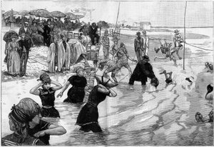 Die Seebäder zur Zeit der Flut an einem Strand in der Normandie, Frankreich, in „Le Monde Illustré“. von French School