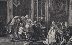 Der siebenjährige Wolfgang Amadeus Mozart spielt vor König George III. in London, 1764 von French School