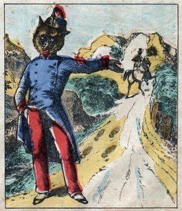 Der kranke Löwe und der Fuchs. Fabeln von Jean de La Fontaine (1621-95). Epinal-Bild vom Ende des 19. Jahrhunderts