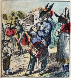 Der kranke Löwe und der Fuchs. Fabeln von Jean de La Fontaine (1621-95). Epinal-Bild vom Ende des 19. Jahrhunderts