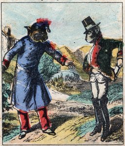 Der kranke Löwe und der Fuchs. Fabeln von Jean de La Fontaine (1621-95). Epinal Imaging aus dem späten 19. Jahrhundert.