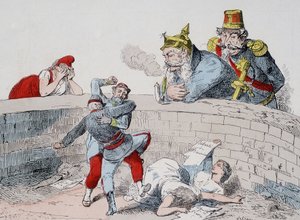 Die Situation - Gauillaume: Wir müssen Verrückten helfen, Badingue (Napoleon III): Lass sie machen, mein Bruder, es wird Zeit einzugreifen, wenn sie (die Pariser) sich selbst aufgefressen haben. Karikatur über die Kommune. von French School