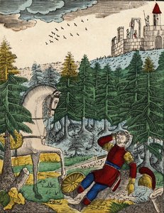 Geschichte der vier Söhne Aymon; Bayard, der das Geräusch der Soldaten hörte, die Ripas bei sich hatte, um Richard zu hängen, weckt Regnault, indem er auf seinen Schild schlägt (Bild des 19. Jahrhunderts)