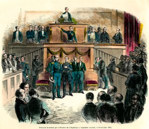 Die Vereidigung von Louis Napoleon III (Louis-Napoleon), der offiziell zum Präsidenten der Republik erklärt wurde, in der Nationalversammlung am 20. Dezember 1848. Er schwört „der einen und unteilbaren demokratischen Republik treu zu bleiben und alle