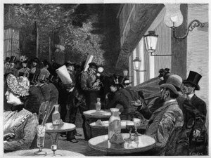 Die Terrasse eines Cafés am Boulevard um Mitternacht in Paris. Gravur in „Die illustrierte Welt“