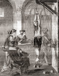 Die Folterung einer Frau, die im Mittelalter der Hexerei beschuldigt wurde, aus Les Merveilles de la Science, veröffentlicht um 1870 (Lithografie)