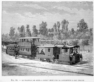 Die Straßenbahn von Rueil nach Marly, geführt von der Heißwasserlokomotive - in „Die neuen Eroberungen der Wissenschaft“ von Louis Figuier