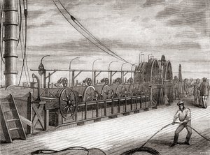 Das Abwickeln des transatlantischen Telegraphenkabels an Bord der S.S. Great Eastern