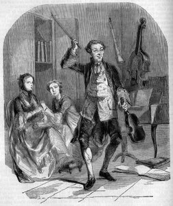 Der Geiger und Komponist Jean-Philippe Rameau komponiert, umgeben von Mitgliedern seiner Familie. Gravur von Andrieux