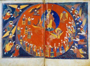 Die Vision des Heiligen Johannes Miniatur aus den Kommentaren zur „Apokalypse nach Johannes“ geschrieben 775 von dem Mönch Beatus von Liebana