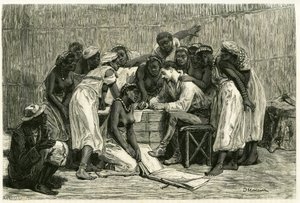 Der Besuch der Königinnen, die sechzehn Ehefrauen von König Sepopo, in Dr. Holubs Kiste. Gravur von D. Maillard, zur Illustration der Geschichte „Im Land der Marutses“, in den Jahren 1875-1879, von Dr. Emile Holub (1847-1902). Veröffentlicht in Le tour du 