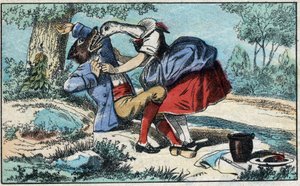 Der Wolf und der Storch. Fabeln von Jean de La Fontaine (1621-95). Epinal-Bild Ende des 19. Jahrhunderts. von French School