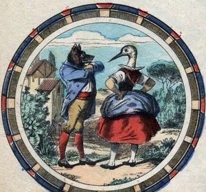 Der Wolf und der Storch. Fabeln von Jean de La Fontaine (1621-95). Epinal Imaging aus dem späten 19. Jahrhundert. von French School