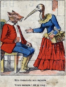 Der Wolf und der Storch. Fabeln von Jean de La Fontaine (1621-95). Epinal-Bildgebung Ende des 19. Jahrhunderts.