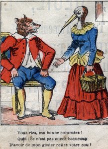 Der Wolf und der Storch. Fabeln von Jean de La Fontaine. Epinal-Bildgebung Ende des 19. Jahrhunderts.