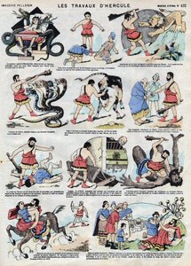 Die Werke des Herkules (Herakles). In der römischen und griechischen Mythologie ist Herkules ein Held: Noch als Kind erwürgt er zwei Schlangen mit bloßen Händen in seinem Bett und stellt seine Stärke in den Dienst der Unglücklichen, besiegt den Löwen von N von French School