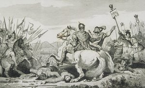 Theoderich wird in der Schlacht gegen Attila getötet, nahe Chalons, aus 