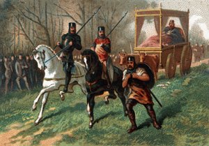 Thierry I (? - 533), König von Austrasien auf einem von Ochsen gezogenen Wagen. Chromolithographie aus dem späten 19. Jahrhundert. von French School