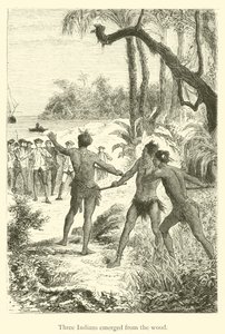 Drei Indianer tauchen aus dem Wald auf (Stich) von French School