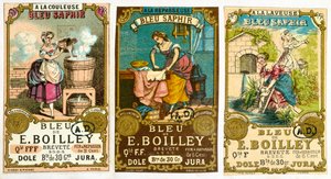 Drei Etiketten für die Marke Bleu de E. Boilley Waschpulver, 1878 von French School