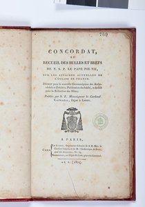 Titelseite des Concordat et Recueil des bulles et brefs de N. S. P. le Pape Pie VII, herausgegeben von Giovanni Battista Caprara, Paris, Chez Le Clers, 1802
